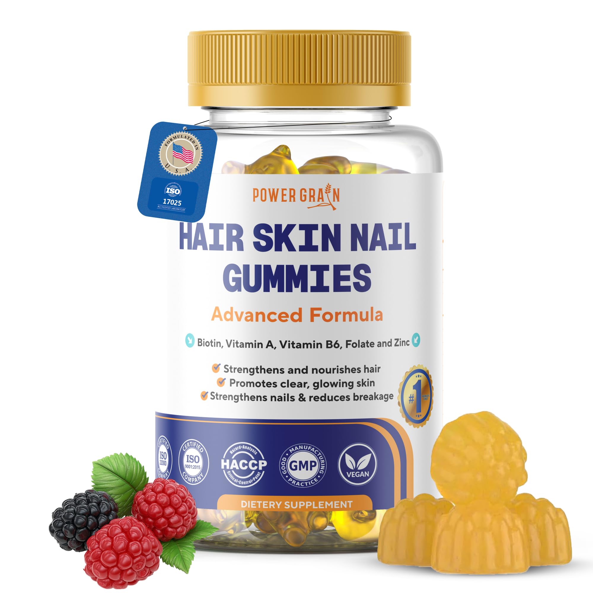 Power Grain bottle front with gummies for hair, nails, skin support.