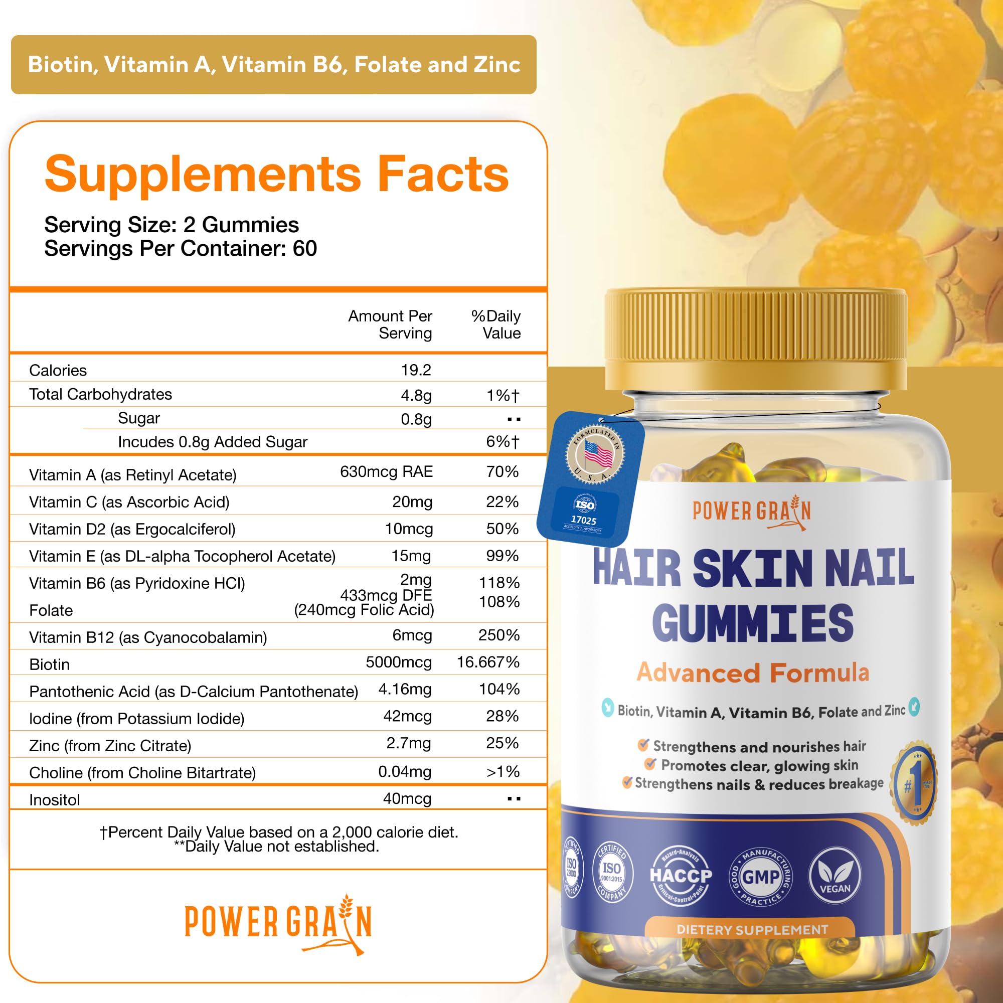 Power Grain bottle side reveals vegan blueberry formula for beauty.