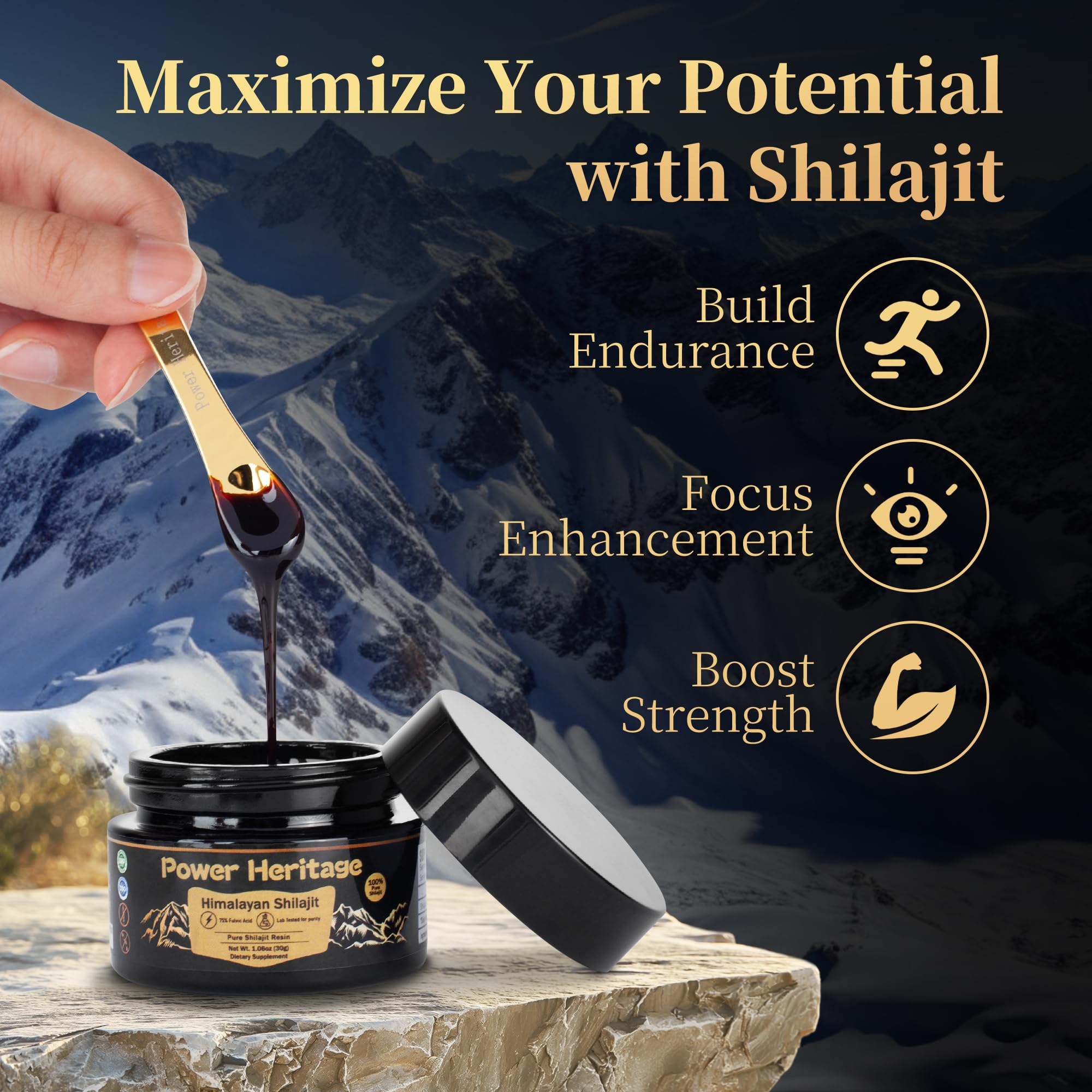 Power Heritage Shilajit resin ingredients label highlights minerals and fulvic content.