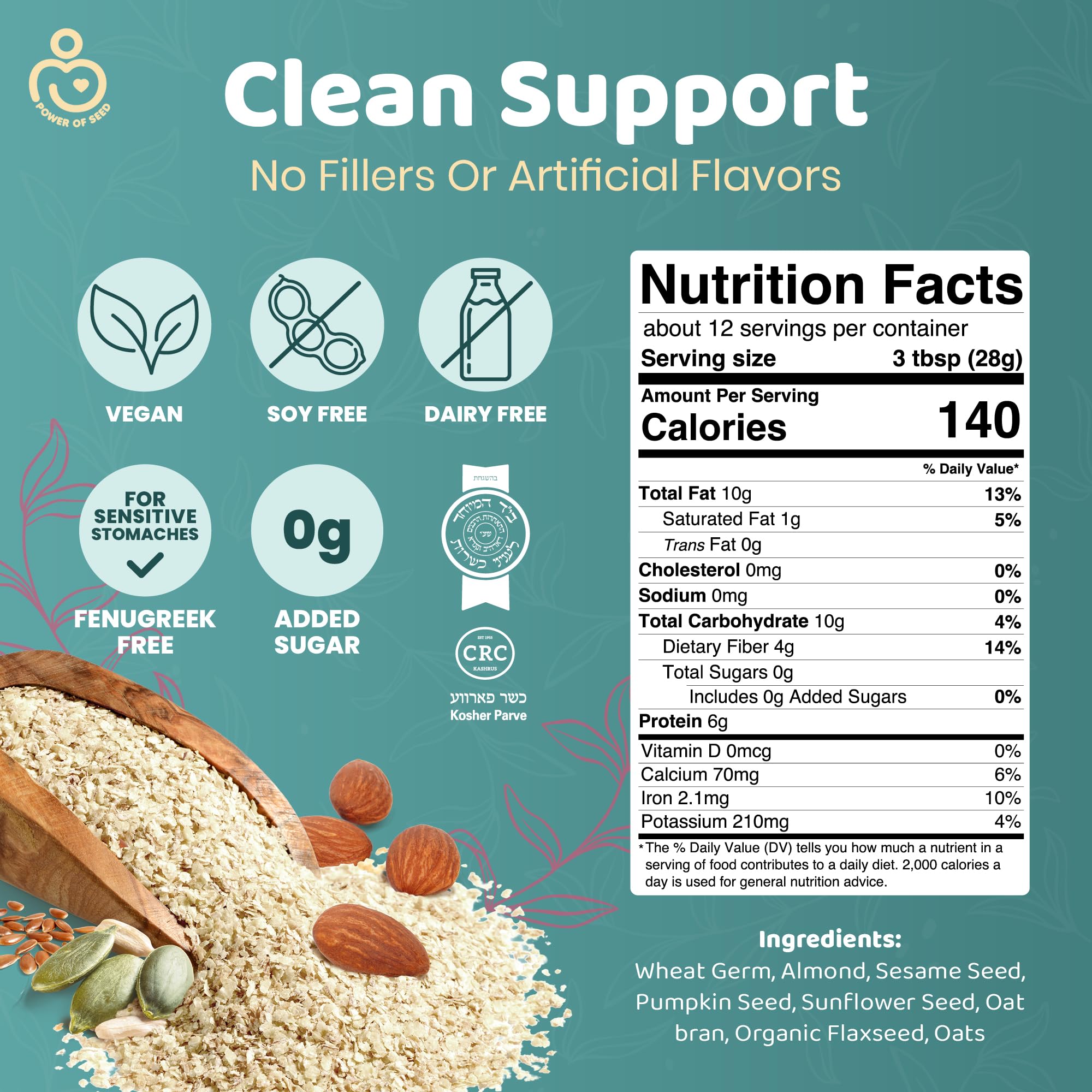 POWER OF SEED Milkrush ingredients-bowl displays oats, seeds, and almonds ready to blend.