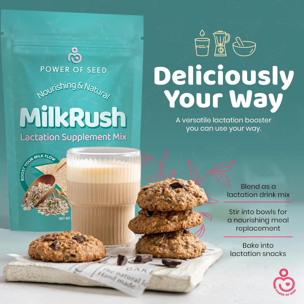 POWER OF SEED Milkrush scoop-dip highlights easy measuring scooper for convenient servings.