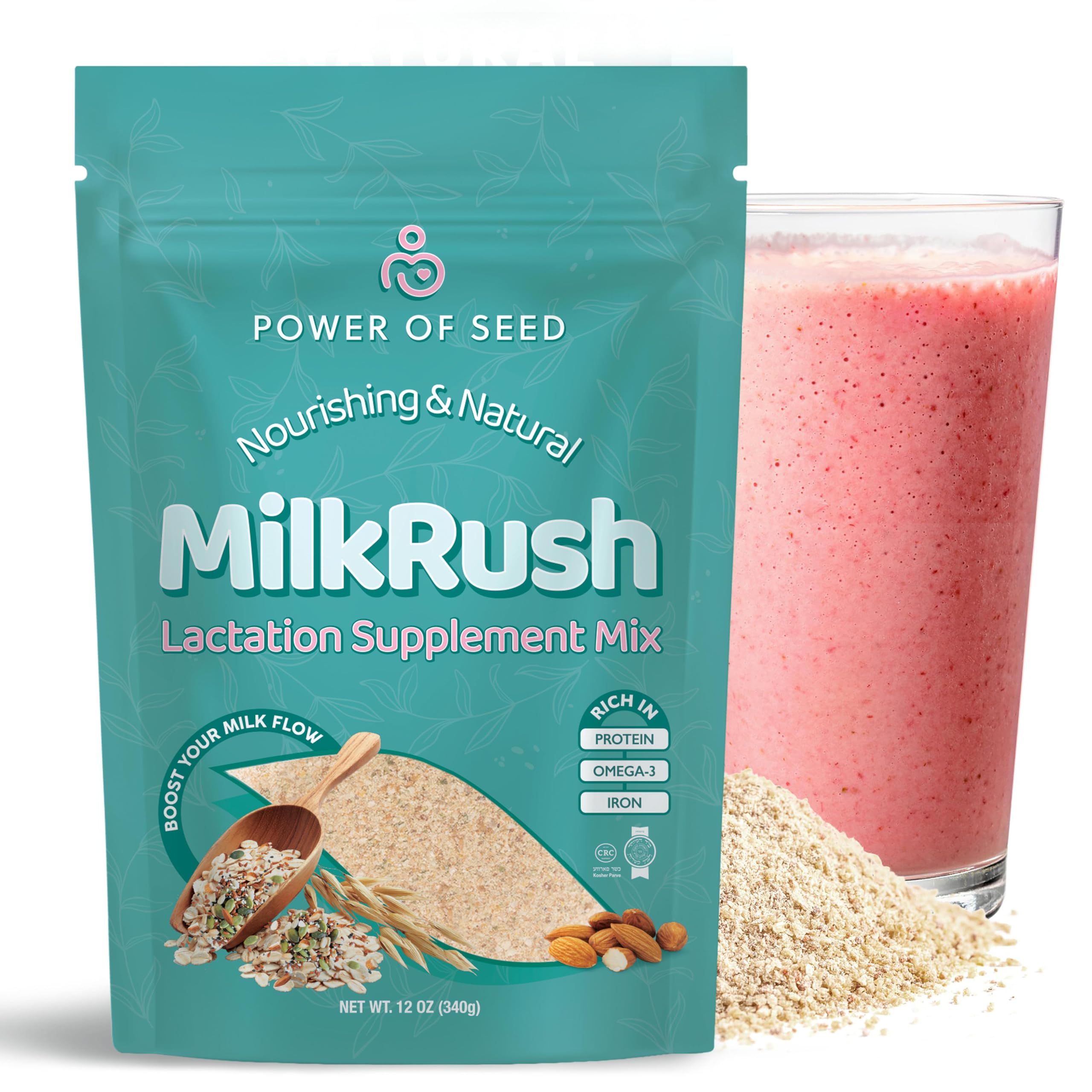 POWER OF SEED Milkrush tub front shows premium lactation drink mix for daily support.