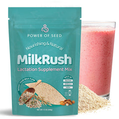 POWER OF SEED Milkrush tub front shows premium lactation drink mix for daily support.