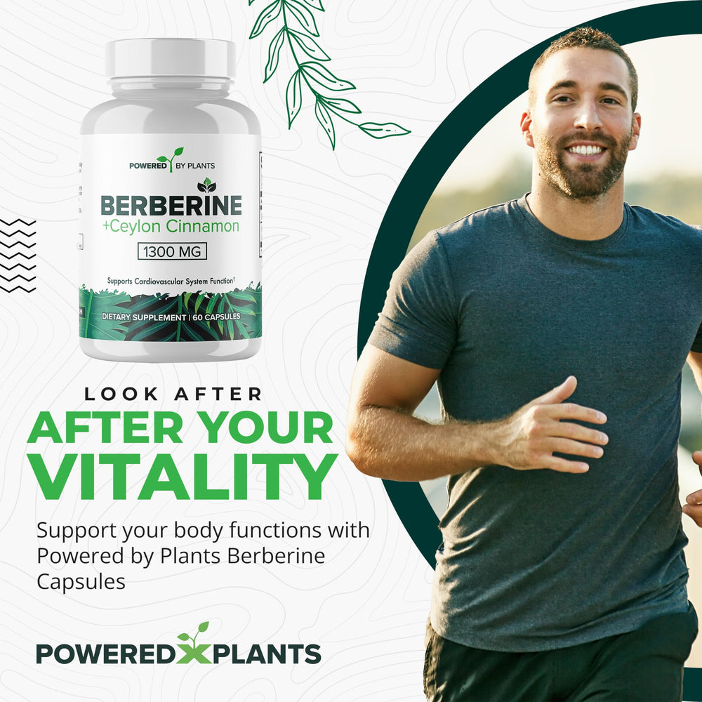 Powered X Plants berberine bottle label highlighting cinnamon blend for antioxidant support.