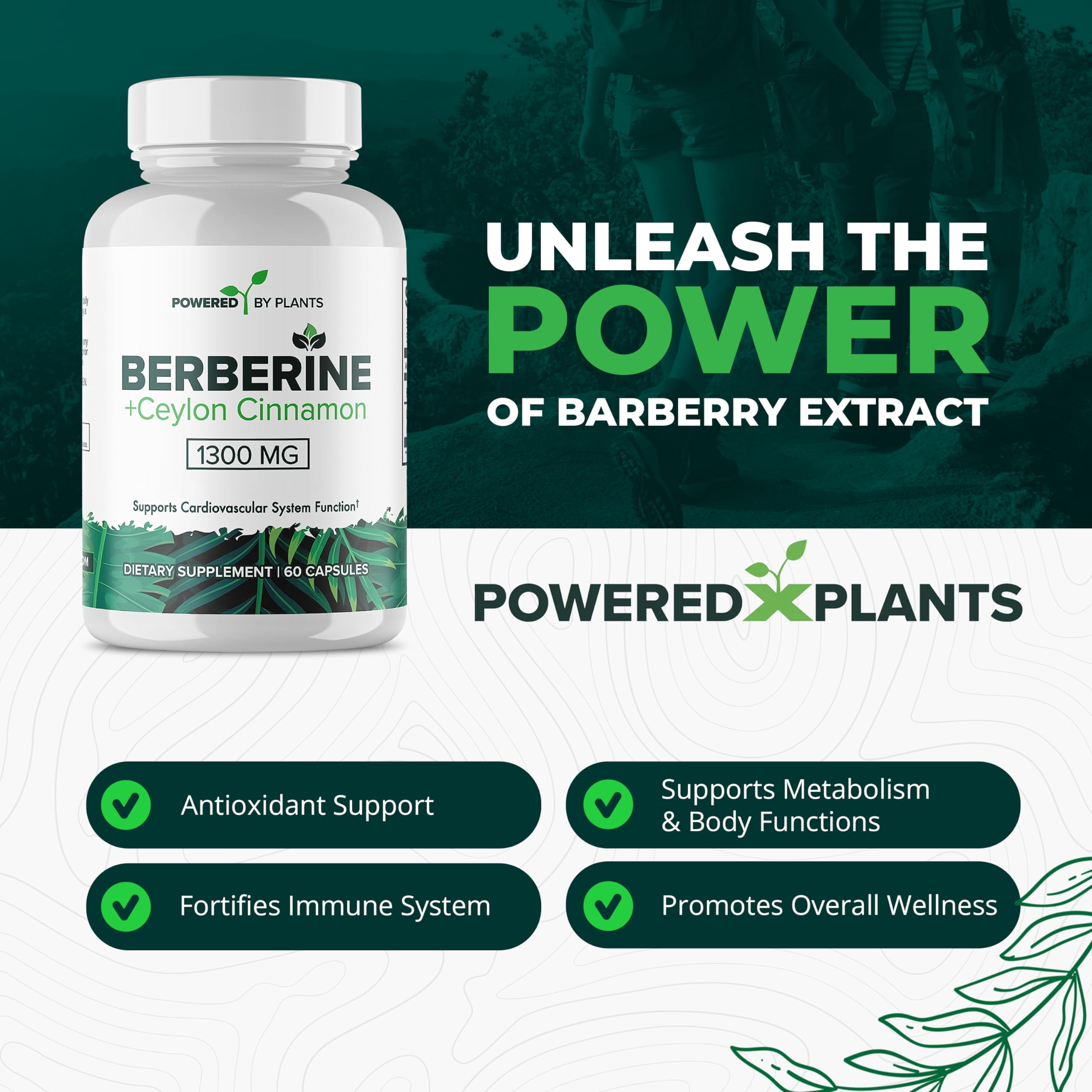 Powered X Plants berberine capsules supporting metabolic balance and immune resilience.