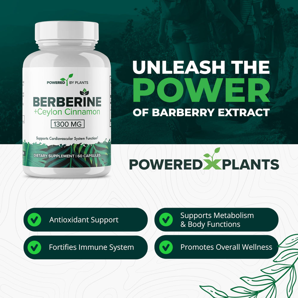 Powered X Plants berberine capsules supporting metabolic balance and immune resilience.