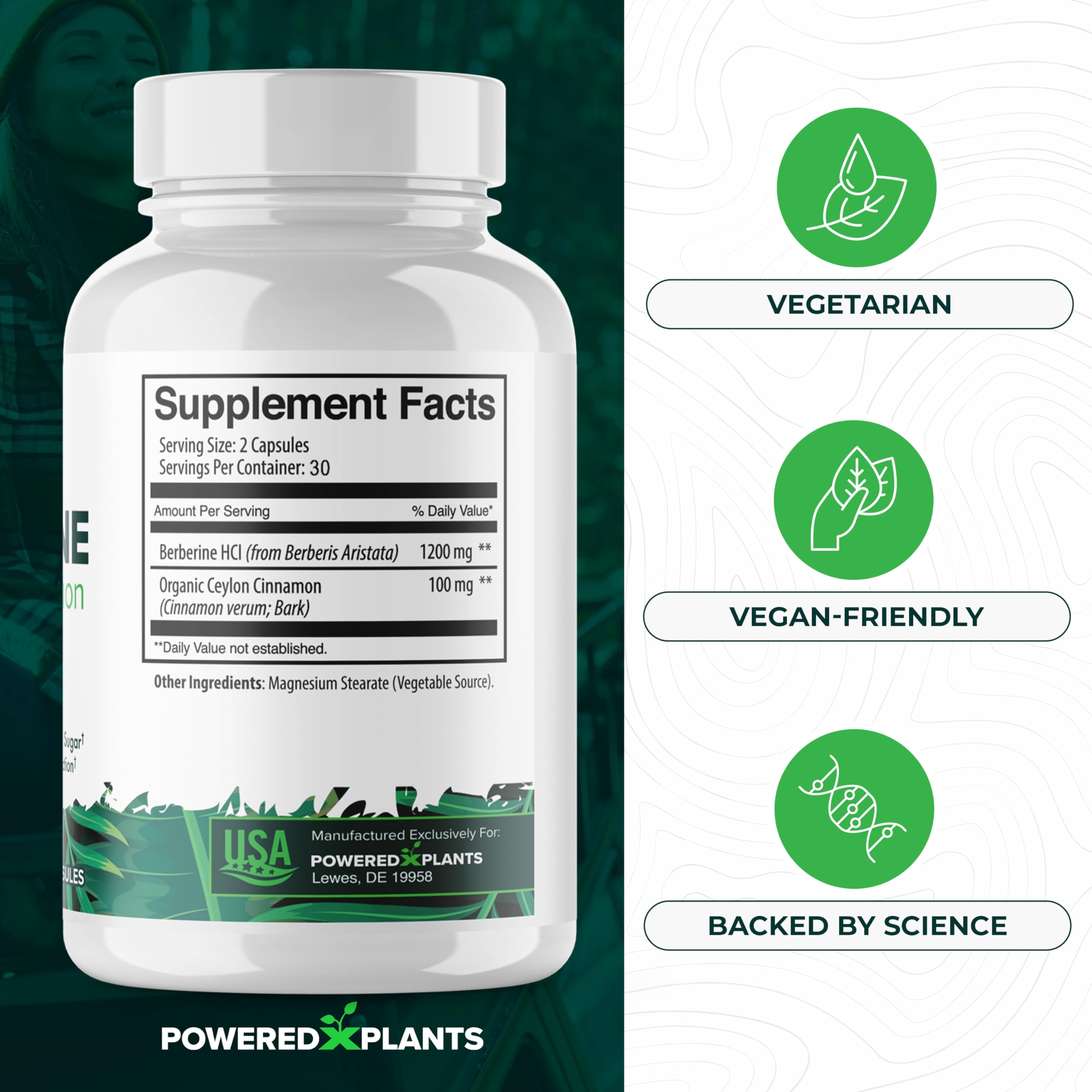 Powered X Plants berberine ingredients in a plant-based capsule.