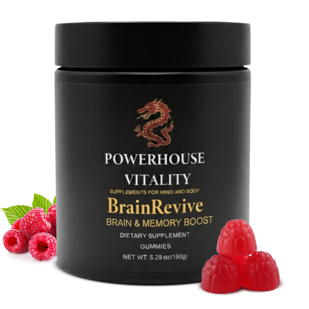 Powerhouse Vitality BrainRevive bottle front view for daily cognitive support.