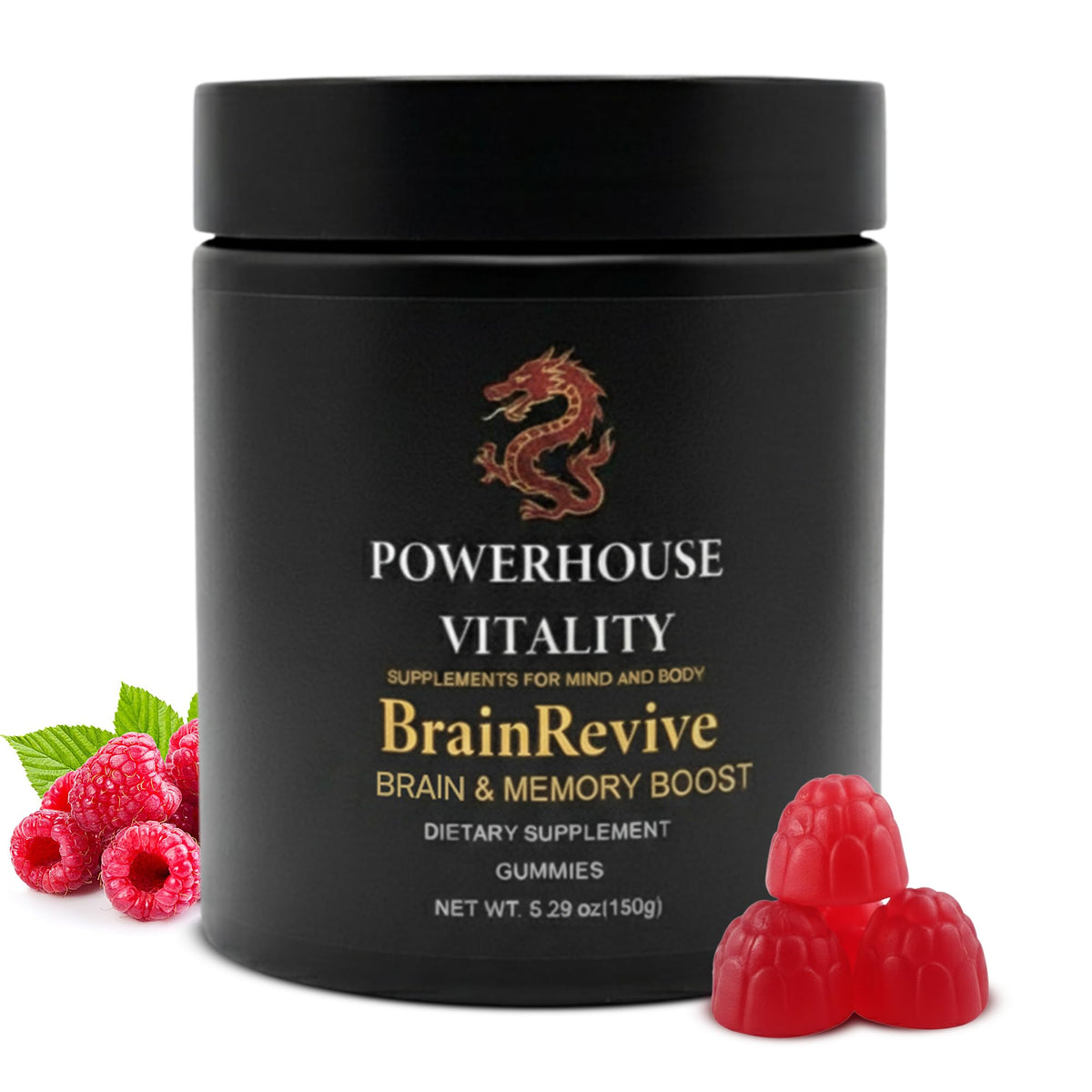 Powerhouse Vitality BrainRevive bottle front view for daily cognitive support.