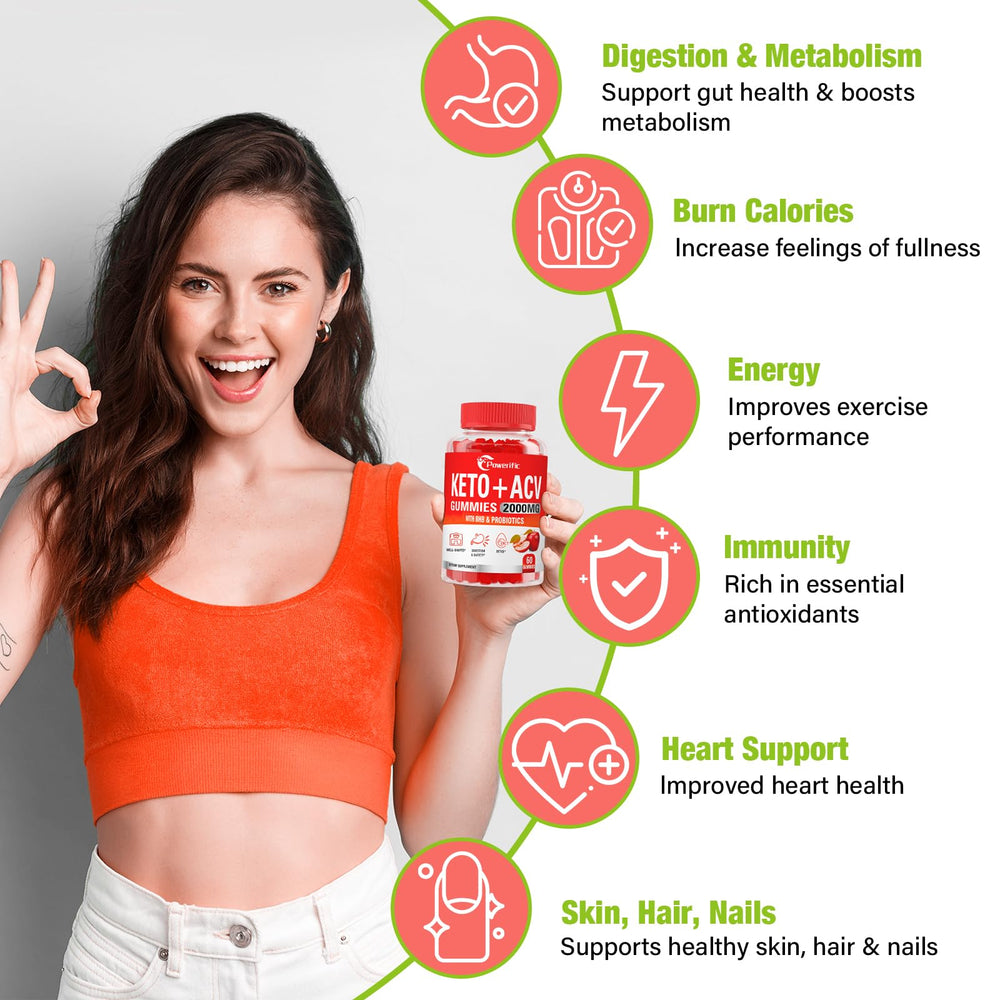 Powerific ACV Gummies label highlighting Mother, probiotics and B12 for gut health