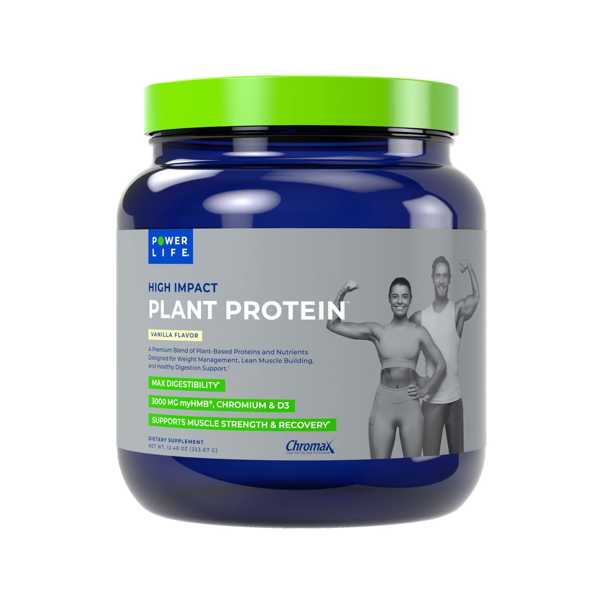 POWERLIFE High Impact Protein tub vanilla label closeup for plant-based protein at a meal.