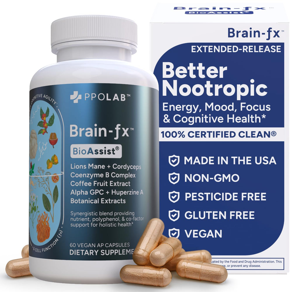 PPO Lab Brain-fx bottle displays extended-release design for steady daily focus.