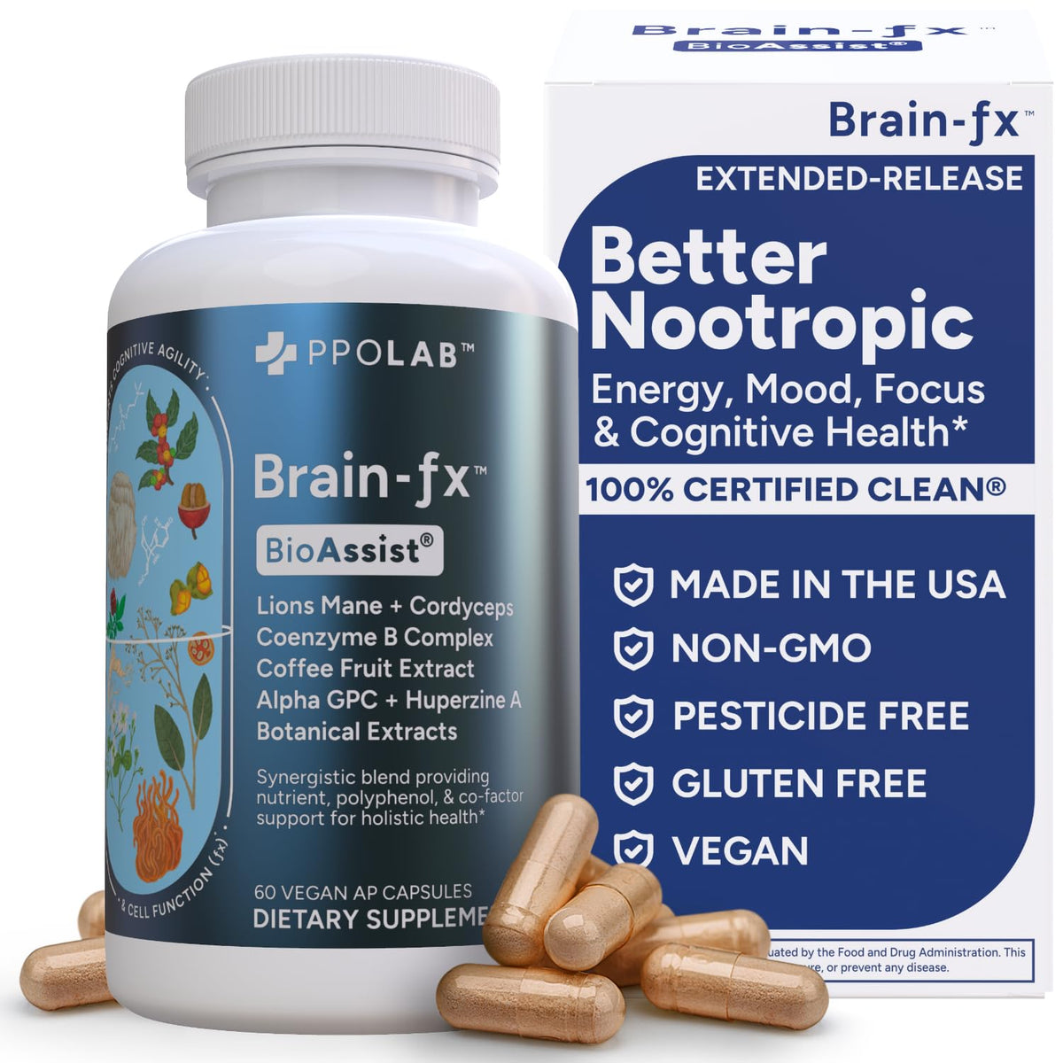 PPO Lab Brain-fx bottle displays extended-release design for steady daily focus.
