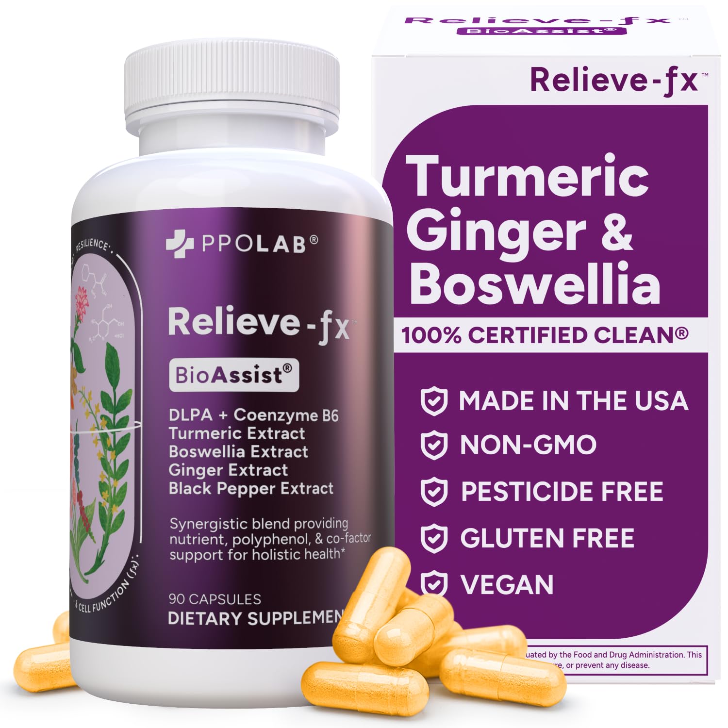 PPO Lab Relieve-fx DLPA bottle front shows natural inflammation support blend for active adults