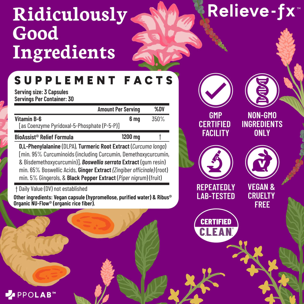 PPO Lab Relieve-fx DLPA vegan gluten-free label signals clean ingredients