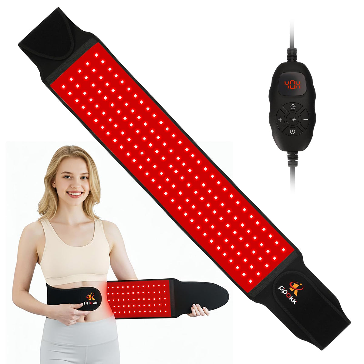 PPOKK red light therapy belt front view for targeted wrap and comfort.