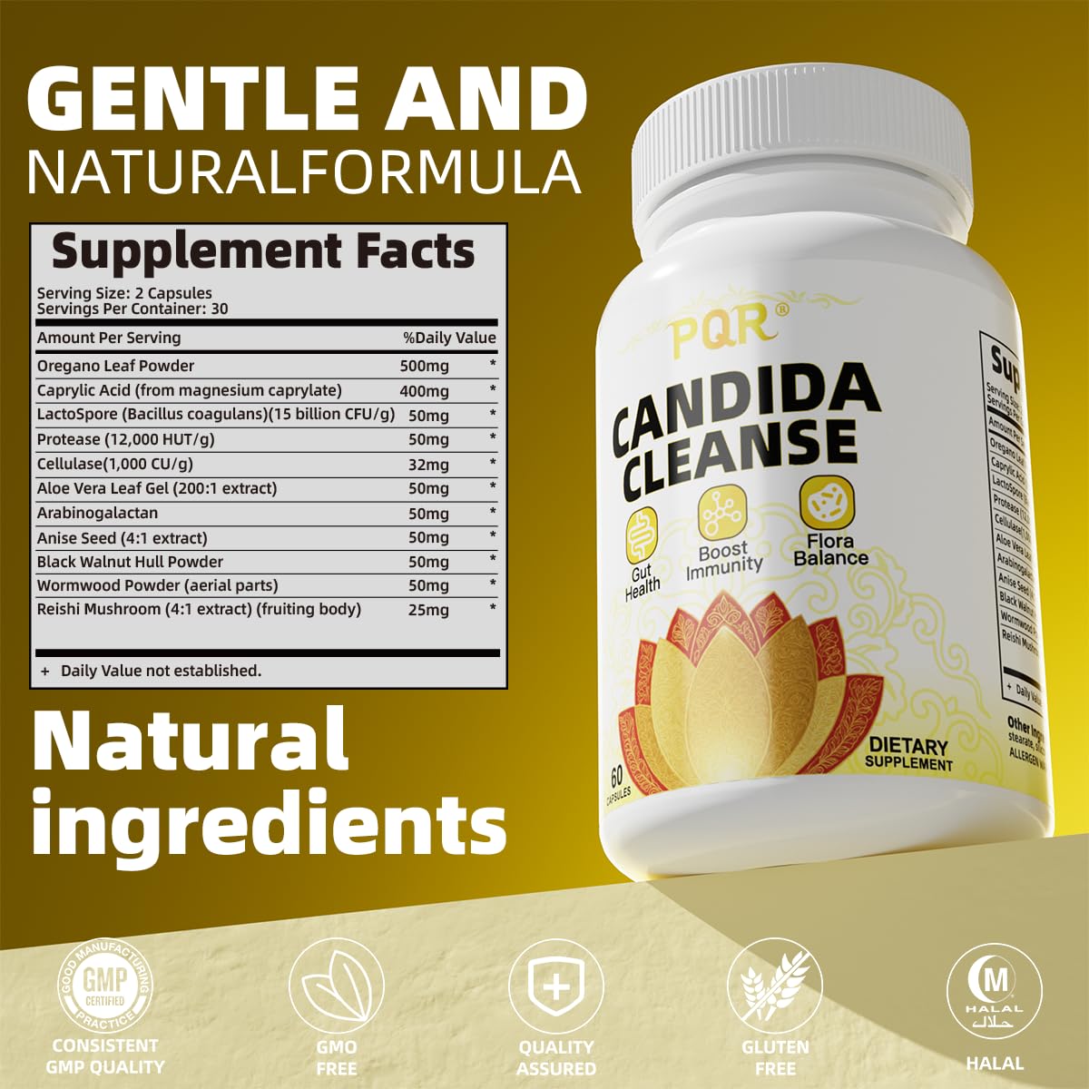 PQR Candida Cleanse bottle back with usage notes for daily gut balance