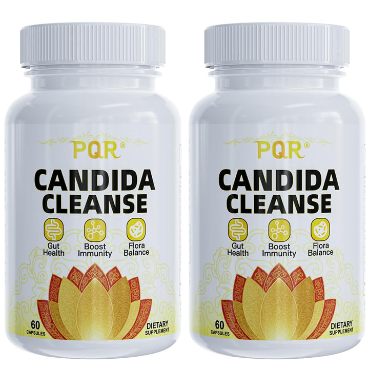 PQR Candida Cleanse bottle front highlighting natural gut support blend