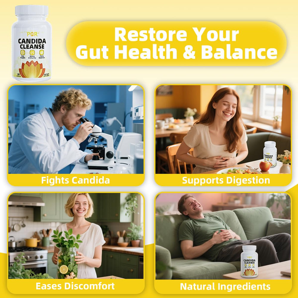 PQR Candida Cleanse daily-use glass with capsules ready to take