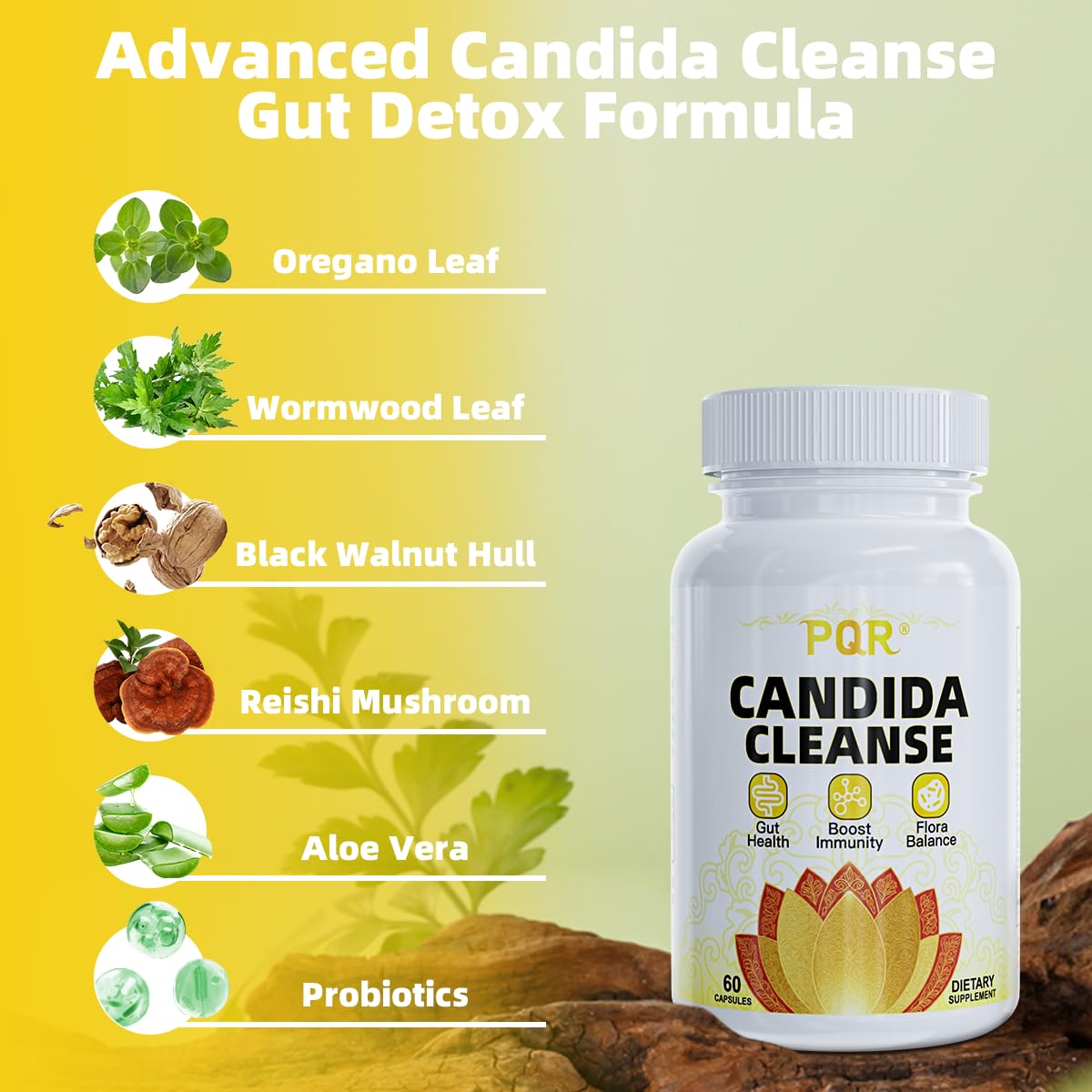 PQR Candida Cleanse label close-up emphasizing natural, gentle cleansing