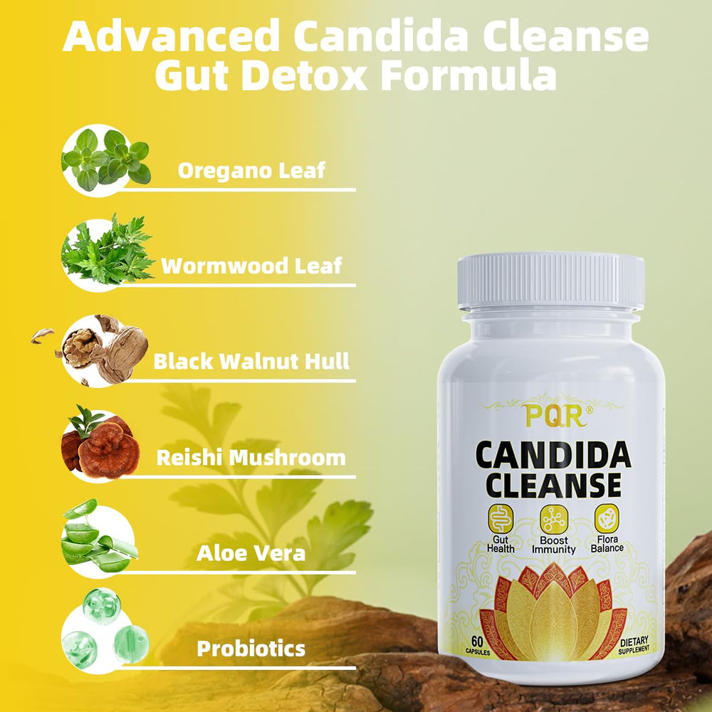 PQR Candida Cleanse label close-up emphasizing natural, gentle cleansing