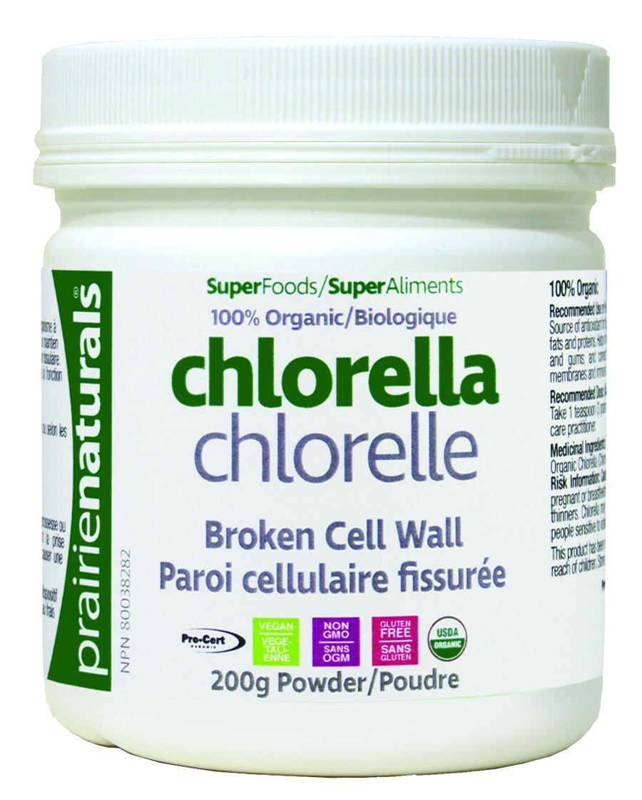 Prairie Naturals chlorella broken cell wall bottle highlights high chlorophyll and protein content.