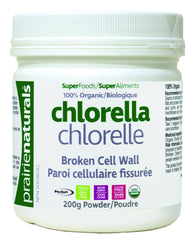 Prairie Naturals chlorella broken cell wall bottle highlights high chlorophyll and protein content.