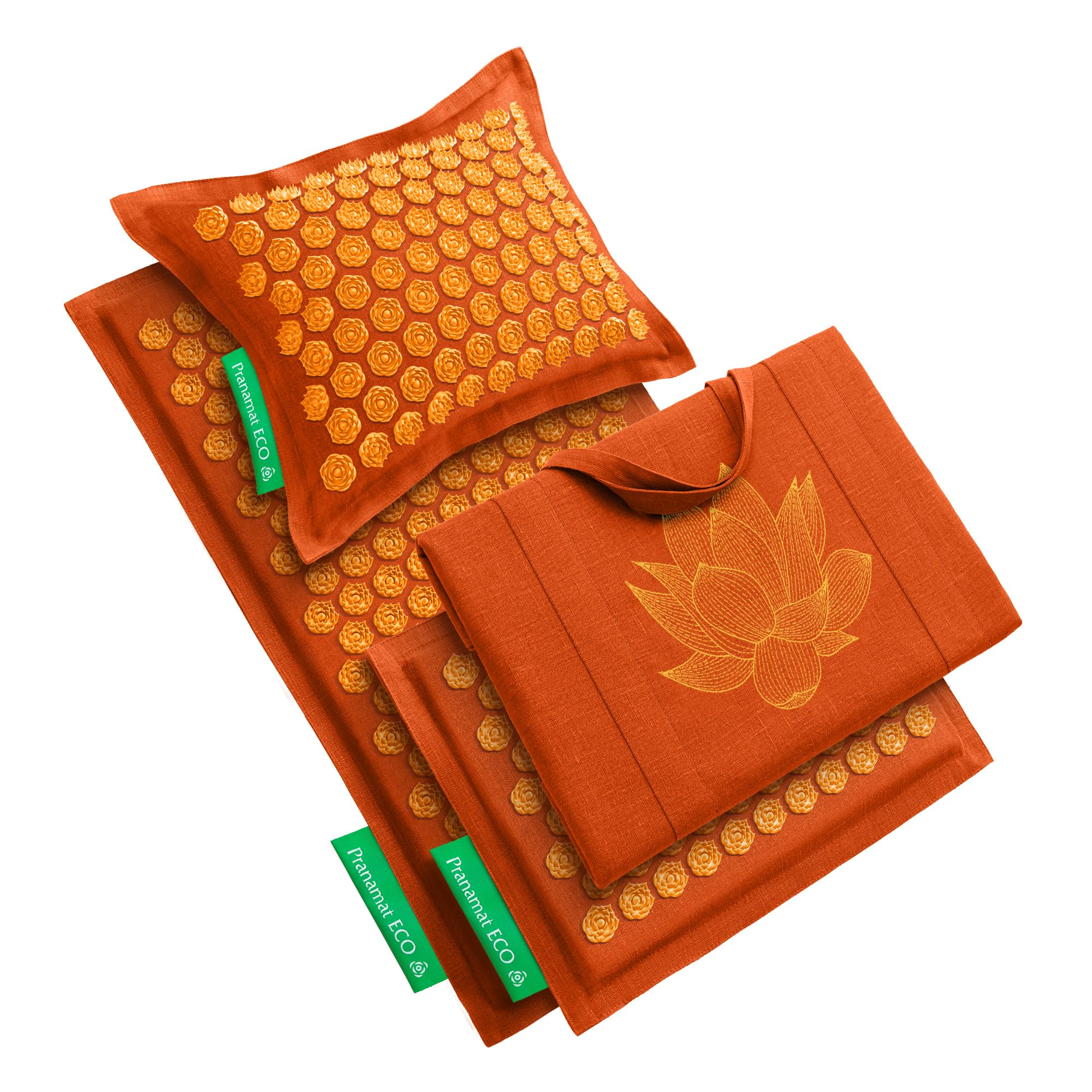 Pranamat acupressure mat with amber color and pillow for at-home relaxation.