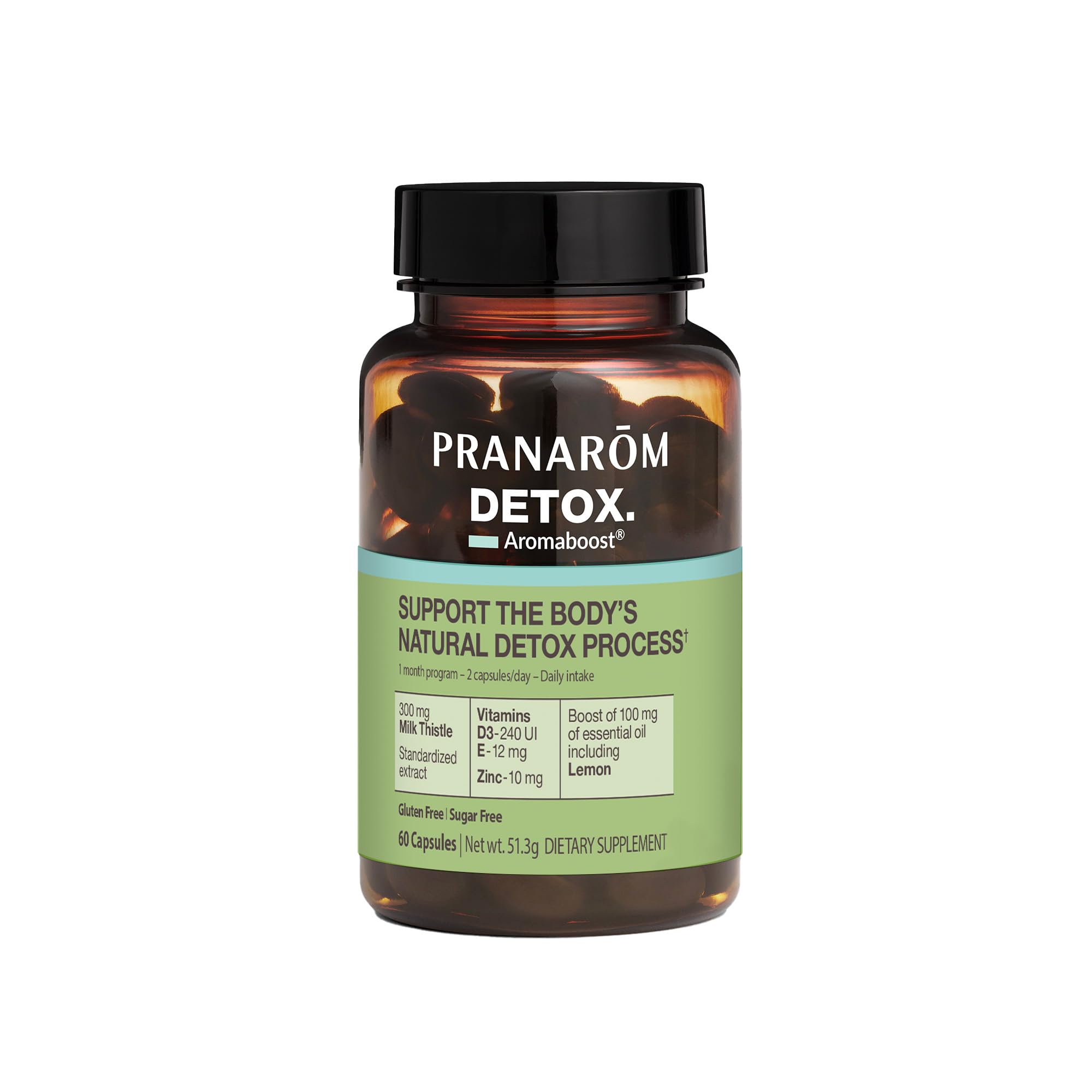 Pranarom Aromaboost Detox bottle with herbal formula for gentle daily support.