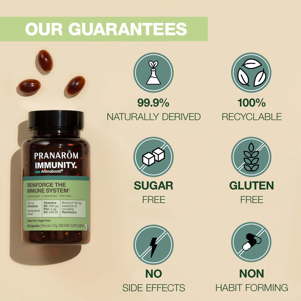 Pranarom Aromaboost Immunity kitchen-counter setup suggests everyday routine.
