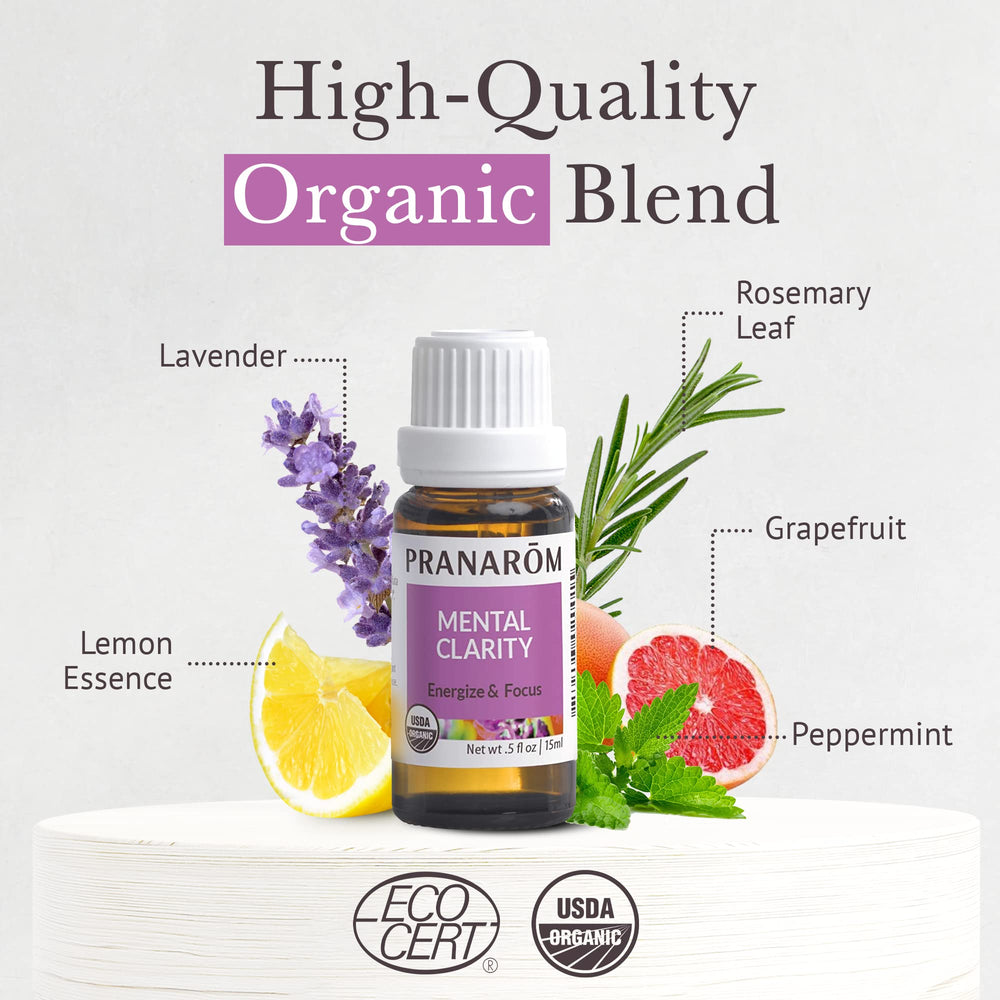 Close view of Pranarom Mental Clarity ingredients label with peppermint and lemon for alertness