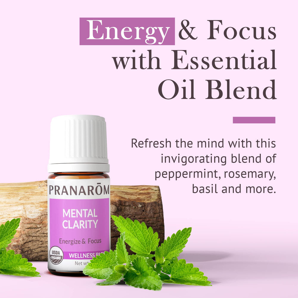 Pranarom Mental Clarity lemon and peppermint blend bottle illustrating energizing aroma.