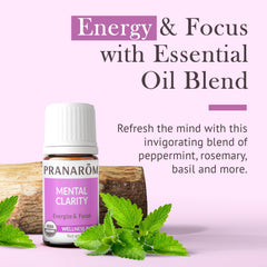Pranarom Mental Clarity lemon and peppermint blend bottle illustrating energizing aroma.