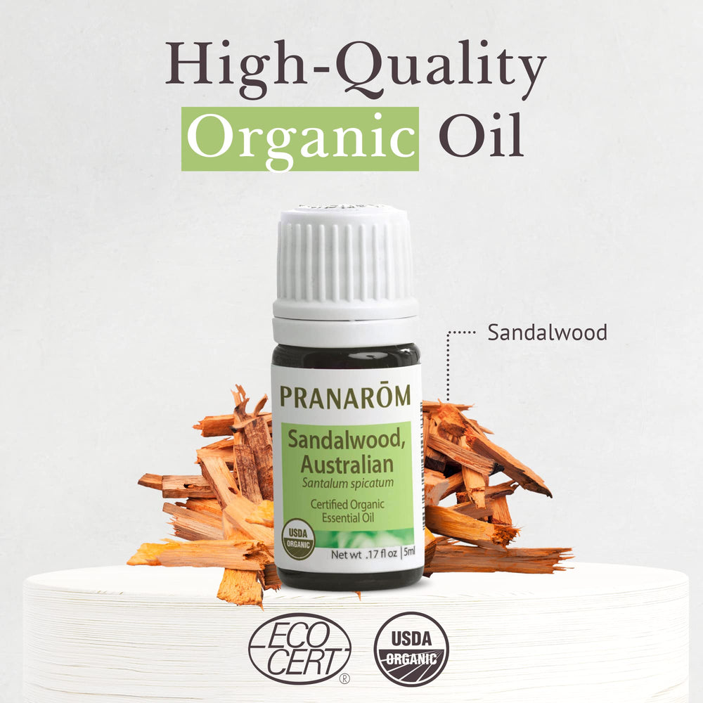 Pranarom sandalwood oil amber bottle highlights purity and long shelf life for skincare.