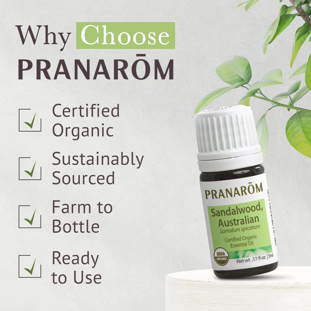 Pranarom sandalwood skincare application demonstrates patch test and gentle moisturization.
