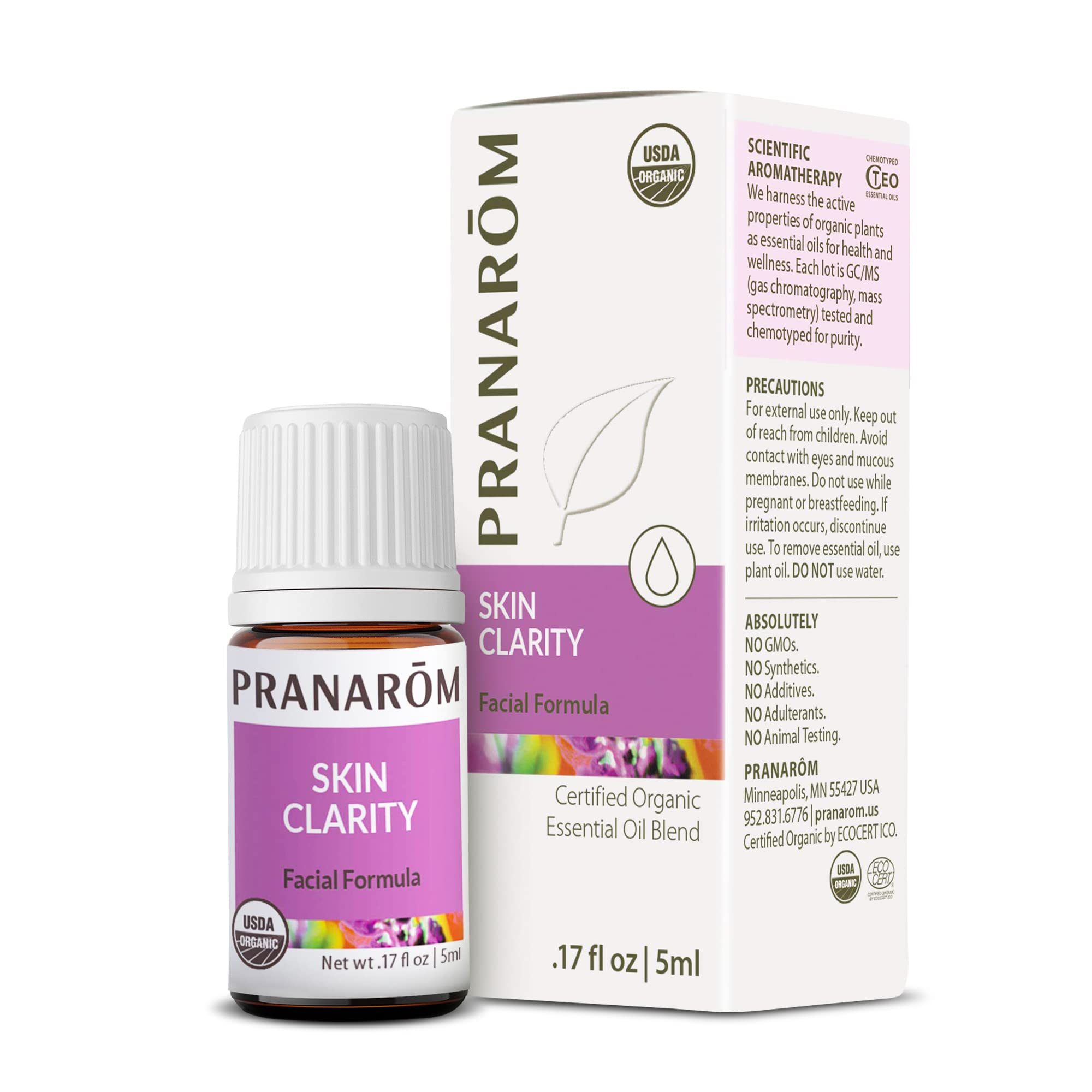 Pranarom Skin Clarity bottle with dropper for blemish-prone skin care