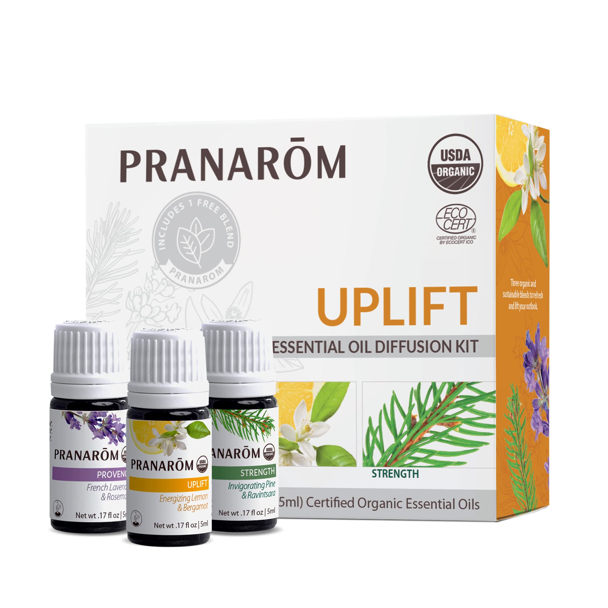 Pranarom uplift diffusion 3pack bottles in a row for calming aromatherapy in any room.