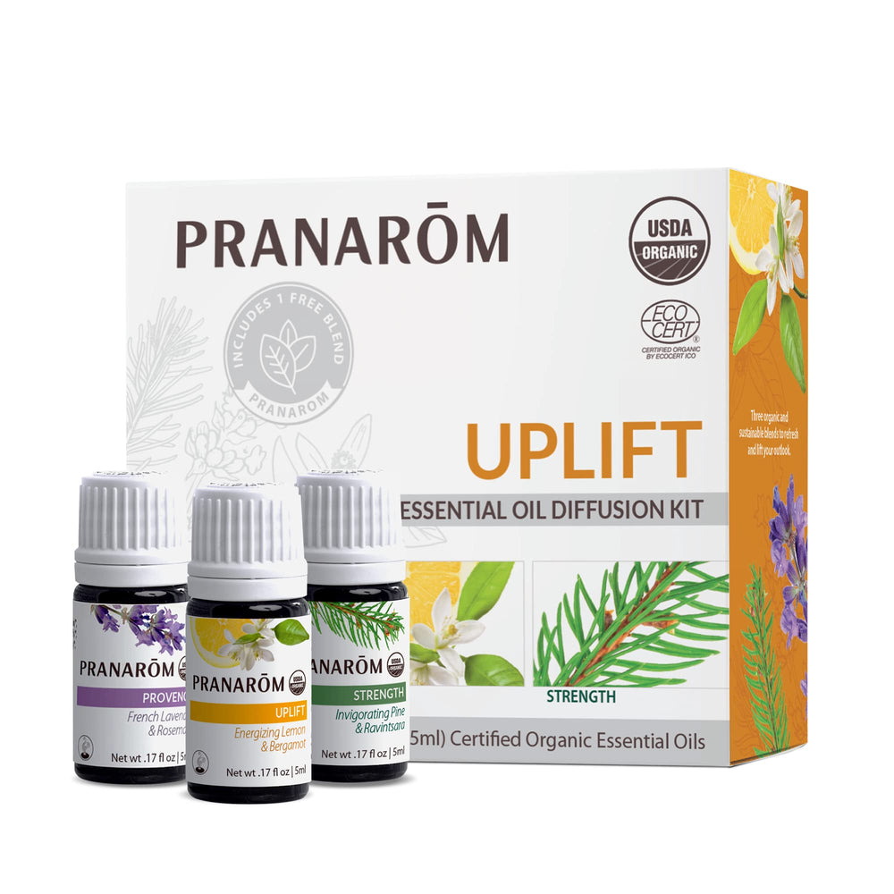 Pranarom uplift diffusion 3pack bottles in a row for calming aromatherapy in any room.