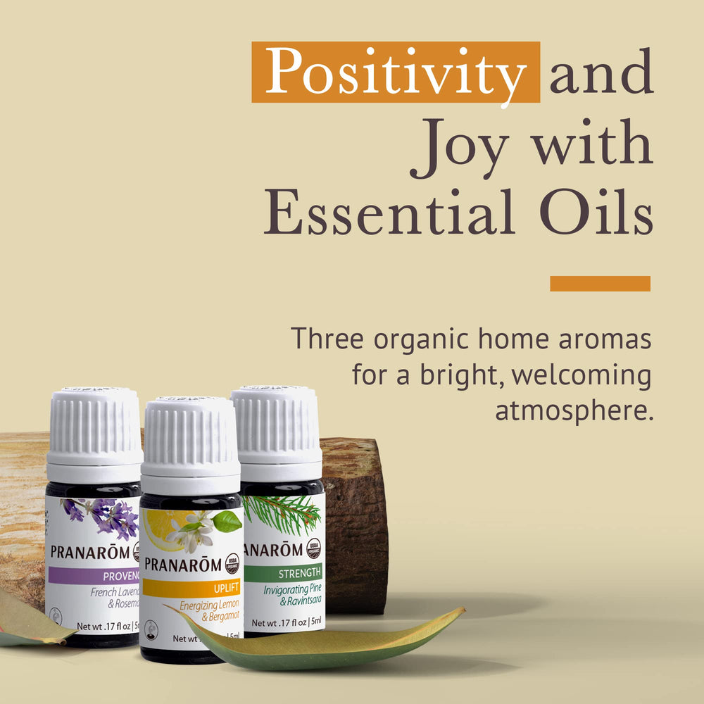 Pranarom uplift diffusion set label closeup highlights organic purity and easy identification.