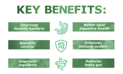 Ingredients panel of Prebiotin prebiotic fiber powder emphasizes OEI-based formula for gut health.