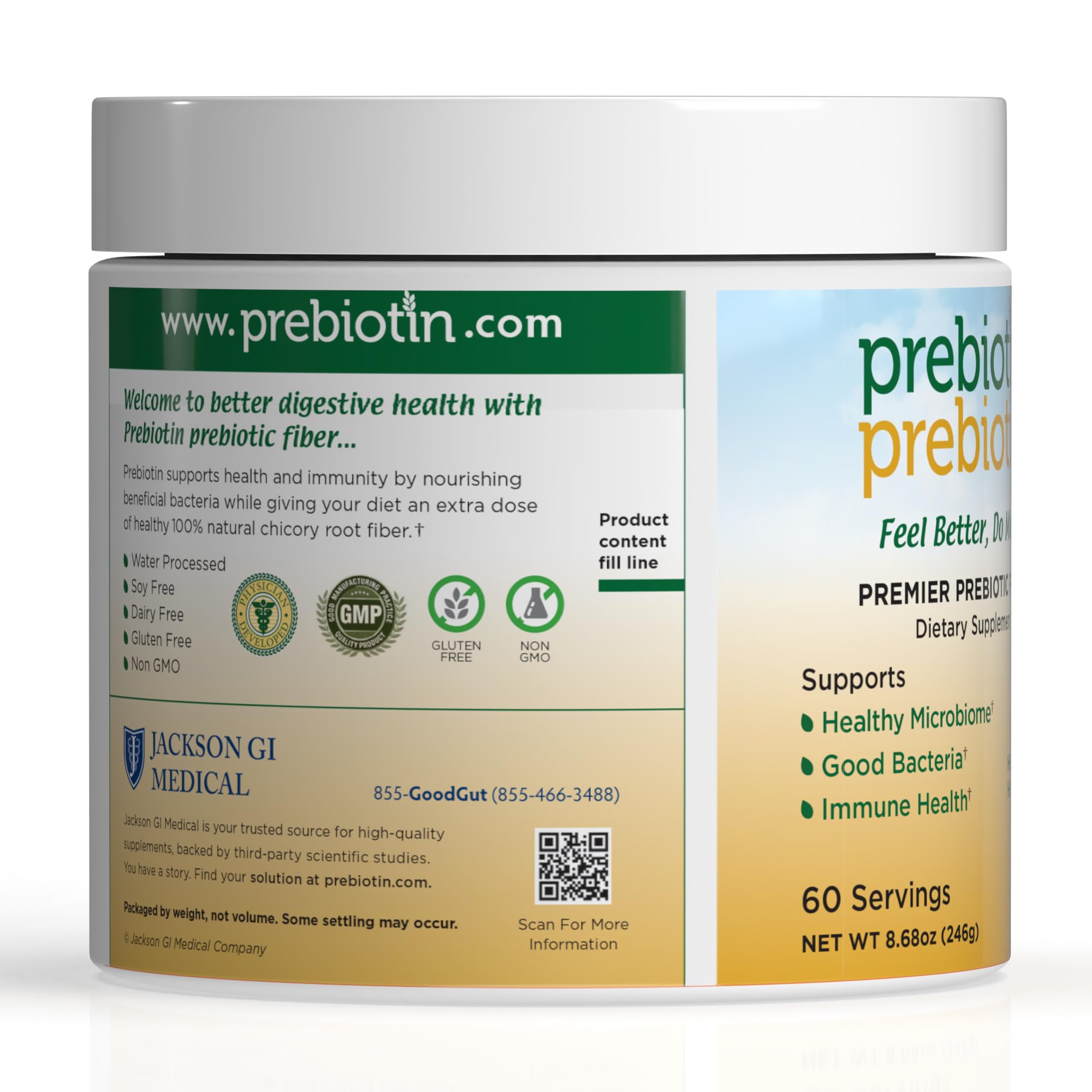 Prebiotin fiber powder mixed in a glass shows versatile, flavor-free intake.