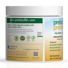 Prebiotin fiber powder mixed in a glass shows versatile, flavor-free intake.