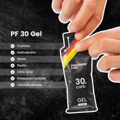 Precision Fuel PF30 Energy Gels close-up label shows neutral flavor profile
