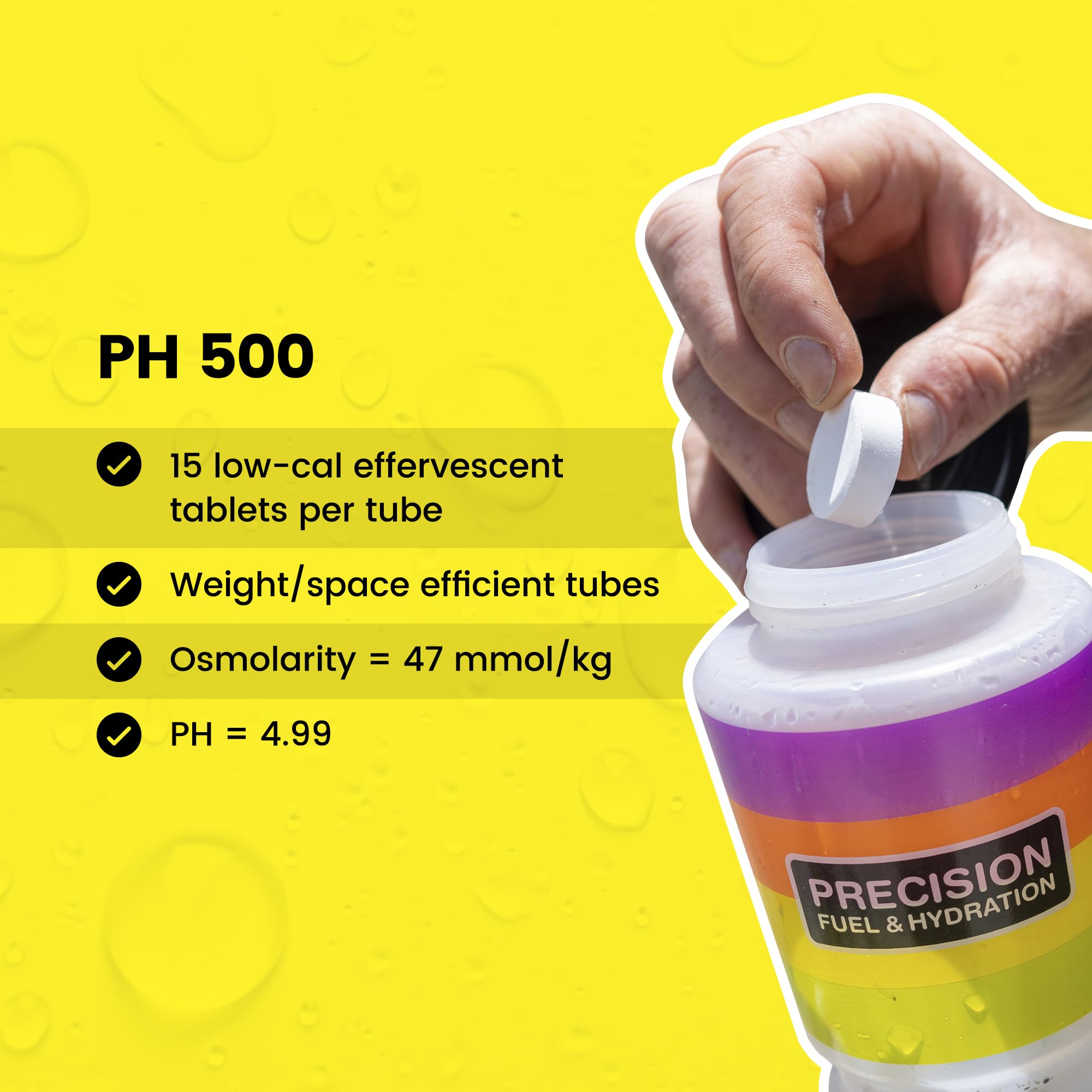 A 500 ml measuring glass with Precision Hydration tablet showing precise dosing for workouts.