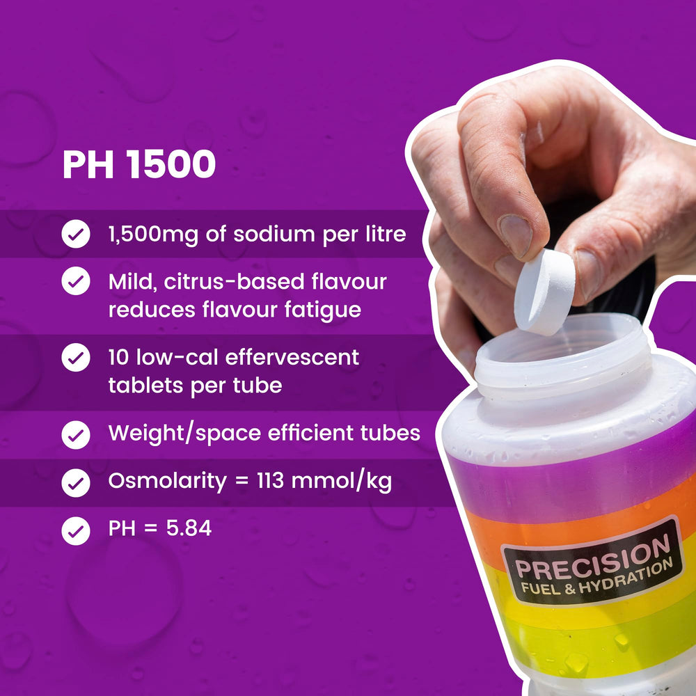 Precision Hydration tablets dissolving in water with refreshing fizz.