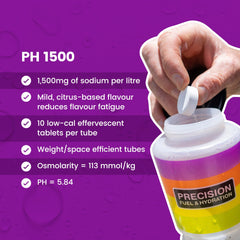 Precision Hydration tablets dissolving in water with refreshing fizz.