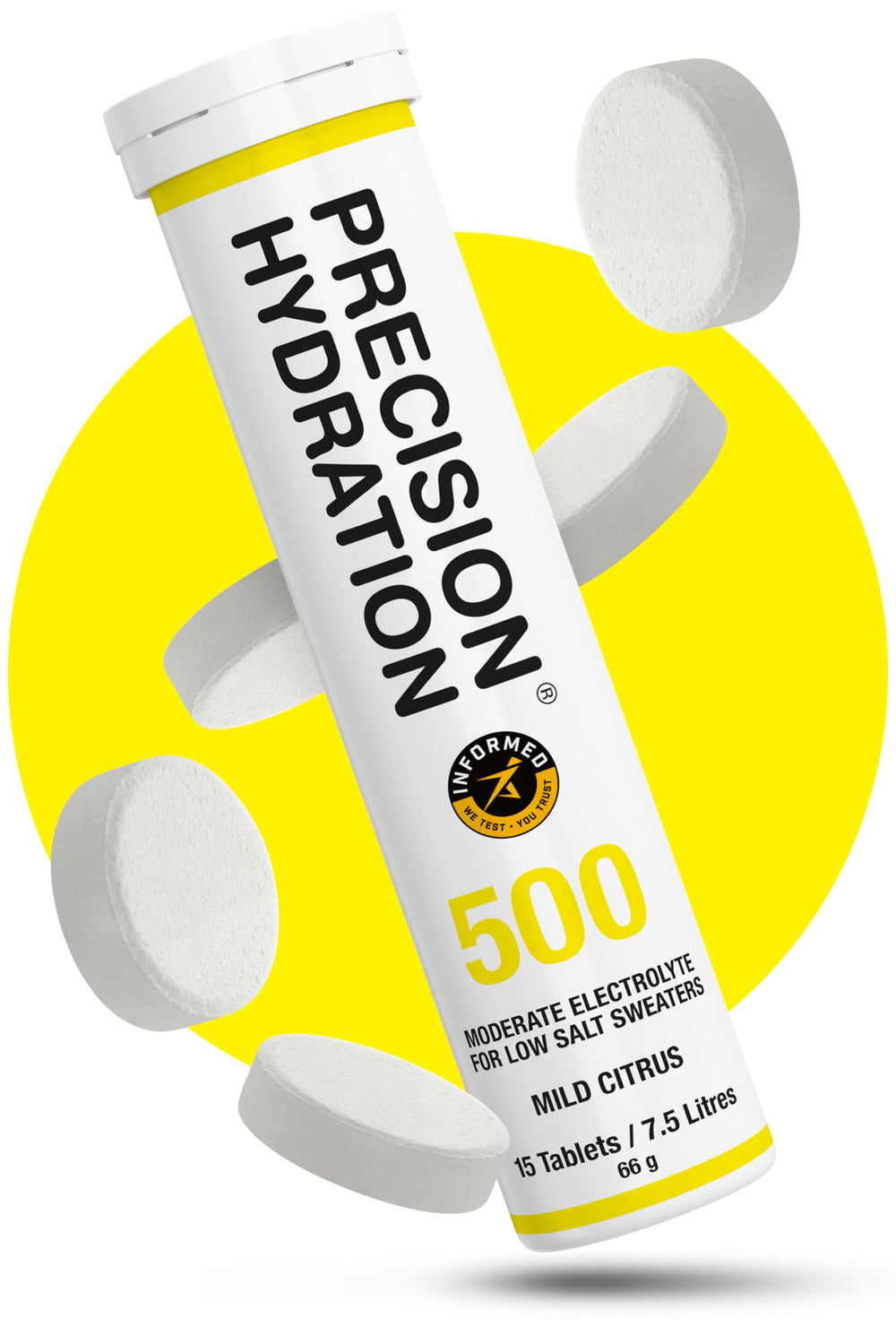 Precision Hydration electrolyte tablets in a yellow tube for targeted hydration during training.