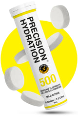 Precision Hydration electrolyte tablets in a yellow tube for targeted hydration during training.