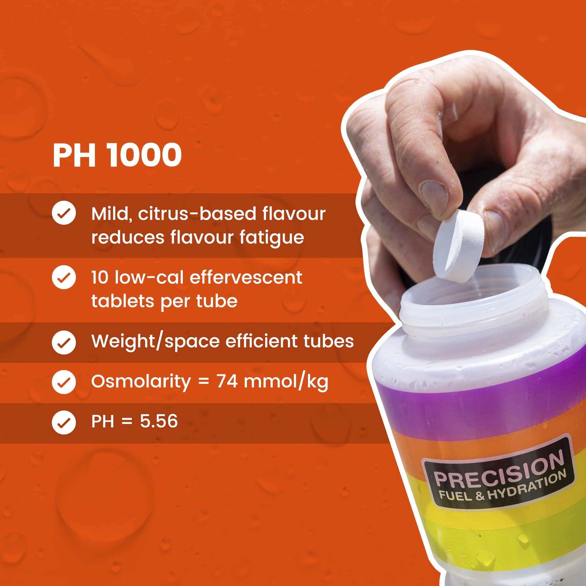 Dosis ajustables de electrolitos de Precision Hydration para adaptar la concentración a tu sudor.