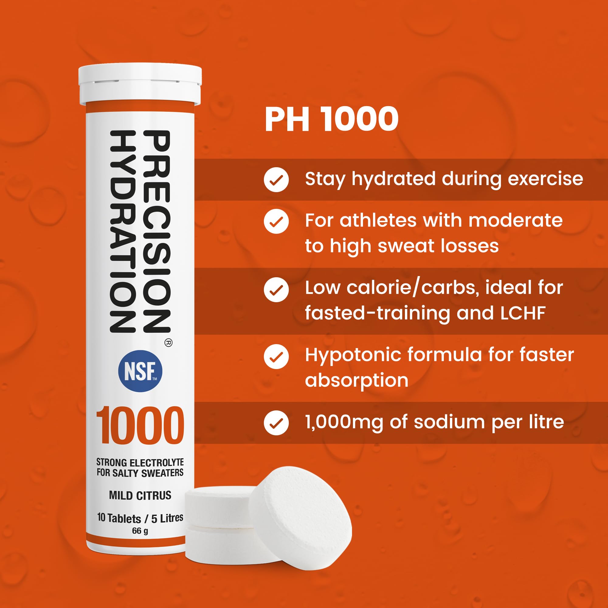 Tubo naranja de Precision Hydration listo para preparar bebida de electrolitos de sabor suave.